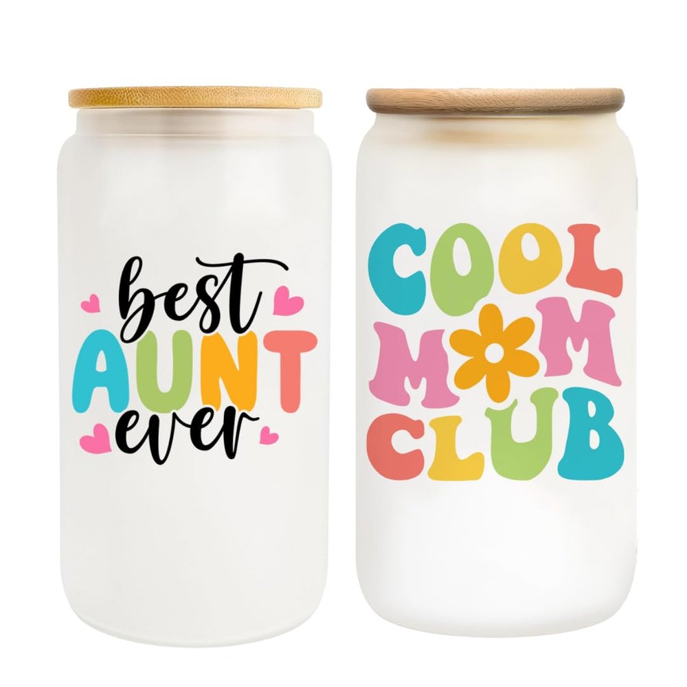 Best Aunt Ever & Cool Mom Club 16oz Frosted Glass Cup - Aunt Gifts from Niece Nephew, Auntie Birthday Gifts Ideas, Funny Aunty Coffee Mug with Lid and Straw, Mother Day Presents for Aunt Women
