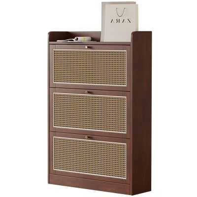 ARMERI Rattan Shoe Cabinet with 3 Flip Drawers, Narrow Shoe Storage Cabinet, Natural Rubber Wood, Shoe Organizer for Entryway, Bedroom, Living Room, Apartment,Dark Brown