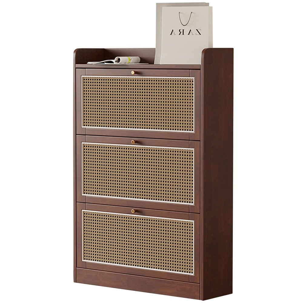 ARMERI Rattan Shoe Cabinet with 3 Flip Drawers, Narrow Shoe Storage Cabinet, Natural Rubber Wood, Shoe Organizer for Entryway, Bedroom, Living Room, Apartment,Dark Brown