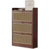 ARMERI Rattan Shoe Cabinet with 3 Flip Drawers, Narrow Shoe Storage Cabinet, Natural Rubber Wood, Shoe Organizer for Entryway, Bedroom, Living Room, Apartment,Dark Brown view 1