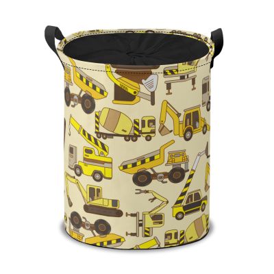 Hand Drawn Construction Trucks and Bulldozers Laundry Basket Collapsible, Dirty Clothes Laundry Hamper for Bedroom Bathroom College Dorm Nursery Toy Organizer Storage Basket Round Gifts Basket