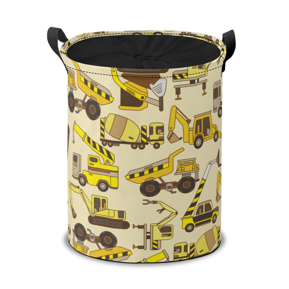 Hand Drawn Construction Trucks and Bulldozers Laundry Basket Collapsible, Dirty Clothes Laundry Hamper for Bedroom Bathroom College Dorm Nursery Toy Organizer Storage Basket Round Gifts Basket