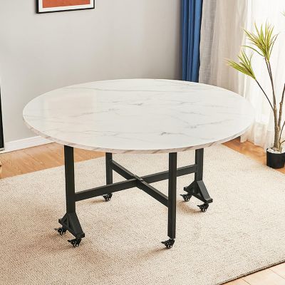 39.3in Round Folding Table,Versatile Dinner Table,Mobile Folding Dining Table,W/Thick Table Top and Sturdy Metal Frame,for Home,Kitchen,Apartment (Color: Bianco,Size: 120cm/47.2in)