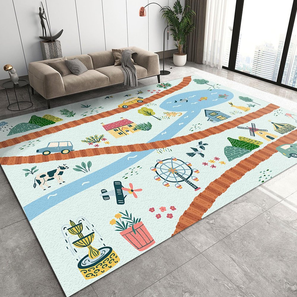 BOWESI Area Rugs 3x4ft, Country Barn Medieval Painting Style Kids Bedroom Rug, Child Farm Windmill Animals Bedside Rug Rugged Non Slip for Cafe Living Room Under Table Boys Room Decor