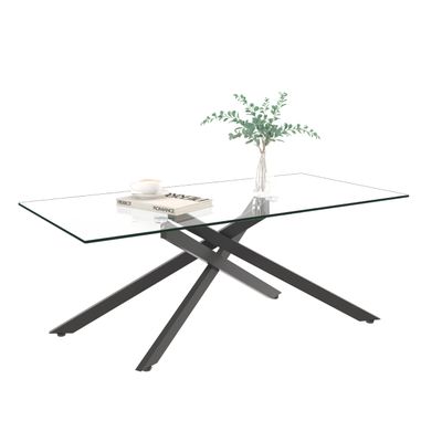 Mcltopz Glass Coffee Table, 47.2" Modern Rectangular Center Table, Clear Coffee Table Cocktail Accent Table with Tempered Glass Tabletop and Black Metal Legs for Living Room Home Office