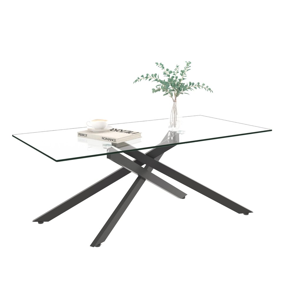 Mcltopz Glass Coffee Table, 47.2" Modern Rectangular Center Table, Clear Coffee Table Cocktail Accent Table with Tempered Glass Tabletop and Black Metal Legs for Living Room Home Office