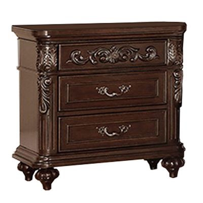 Maykoosh Modern Minimalism 30" 3-Drawer Engraved Wooden Nightstand - Brown Finish, Stylish Storage Solution for Bedroom Essentials and Decor!