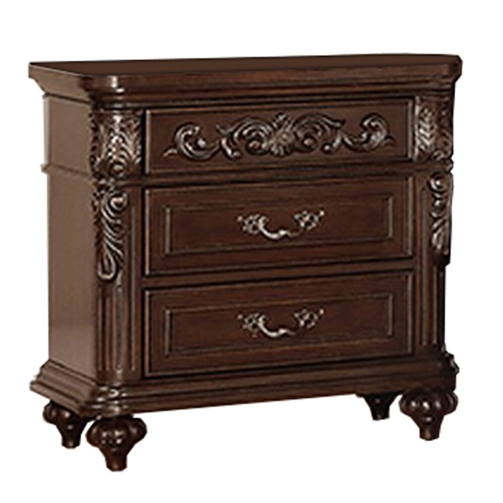 Maykoosh Modern Minimalism 30" 3-Drawer Engraved Wooden Nightstand - Brown Finish, Stylish Storage Solution for Bedroom Essentials and Decor!