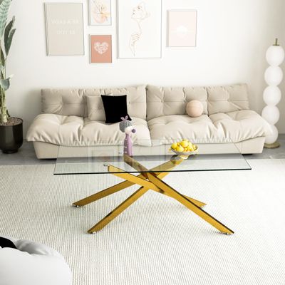 Minheola 47.2" Rectangle Glass Coffee Table, Modern Coffee Table with Clear Tempered Glass Top and Golden Metal Tubular Leg, Cocktail Table Center Table Coffee Table for Living Room Office Apartment