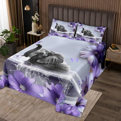 Manfei Cute Elphant Kids Bedspread King Size, Purple Flower Butterfly Quilted Coverlet with 2 Pillowcases, Floral Animal Coverlet Set for Boys Girls Adults Bedroom Decor, Soft Polyester Bedding Quilt