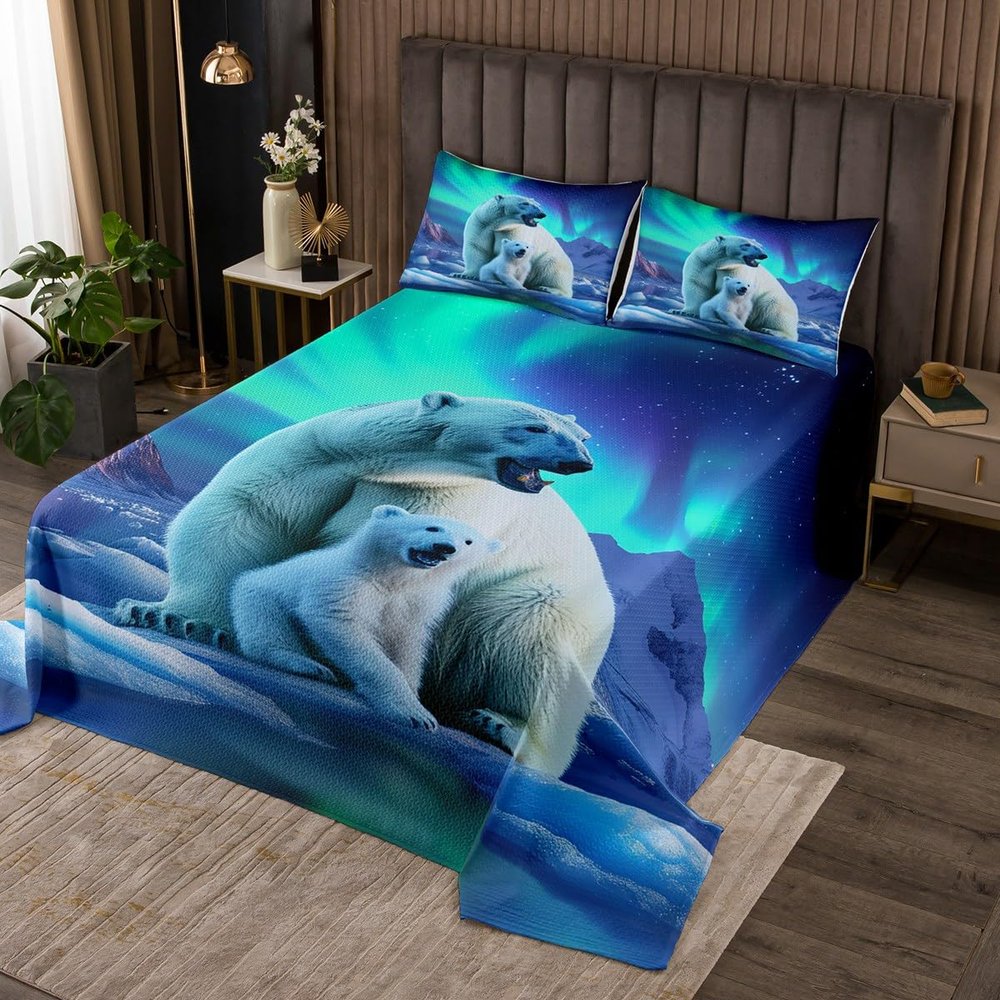 Manfei Polar Bear Kids Bedspread King Size, Arctic Lights Iceberg Coverlet Set for Boys Girls Adults Bedroom Decor, Wild Animal Theme Quilted Coverlet with 2 Pillowcases, Soft Polyester Bedding Quilt