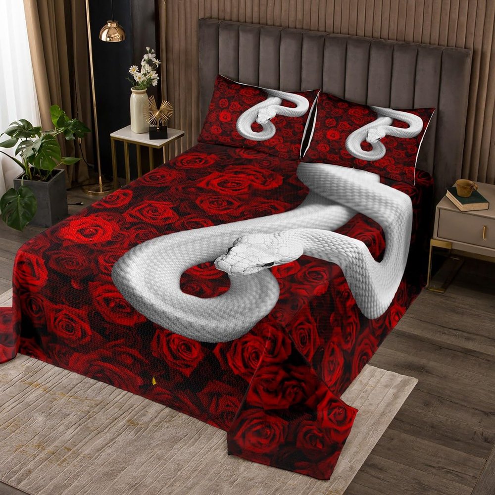 Manfei White Snake Kids Bedspread King Size, Red Rose Flower Quilted Coverlet with 2 Pillowcases, Reptile Floral Animal Coverlet Set for Boys Girls Adults Bedroom Decor, Soft Polyester Bedding Quilt