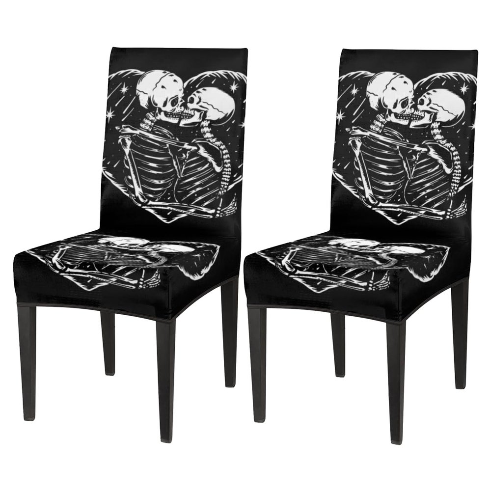 bisibuy Kiss Death Skull Skeleton Dining Chair Slipcovers Removable Washable Dining Room Chair Protector Cover Seat Slipcover Stretch Parson Chair Covers Set of 2, Forros para Sillas de Comedor