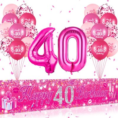 Pink 40th Birthday Decorations for Women Hot Pink Happy 40th Birthday Banner 20Pcs 40th Birthday Balloons 40 Inch Number 40 Balloons Hot Pink Party Decorations for 40th Birthday Anniversary Party