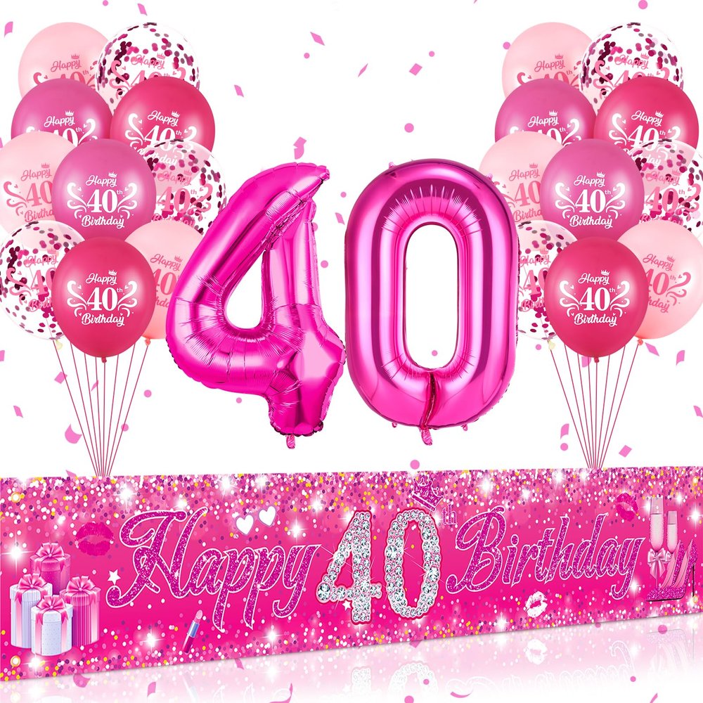 Pink 40th Birthday Decorations for Women Hot Pink Happy 40th Birthday Banner 20Pcs 40th Birthday Balloons 40 Inch Number 40 Balloons Hot Pink Party Decorations for 40th Birthday Anniversary Party