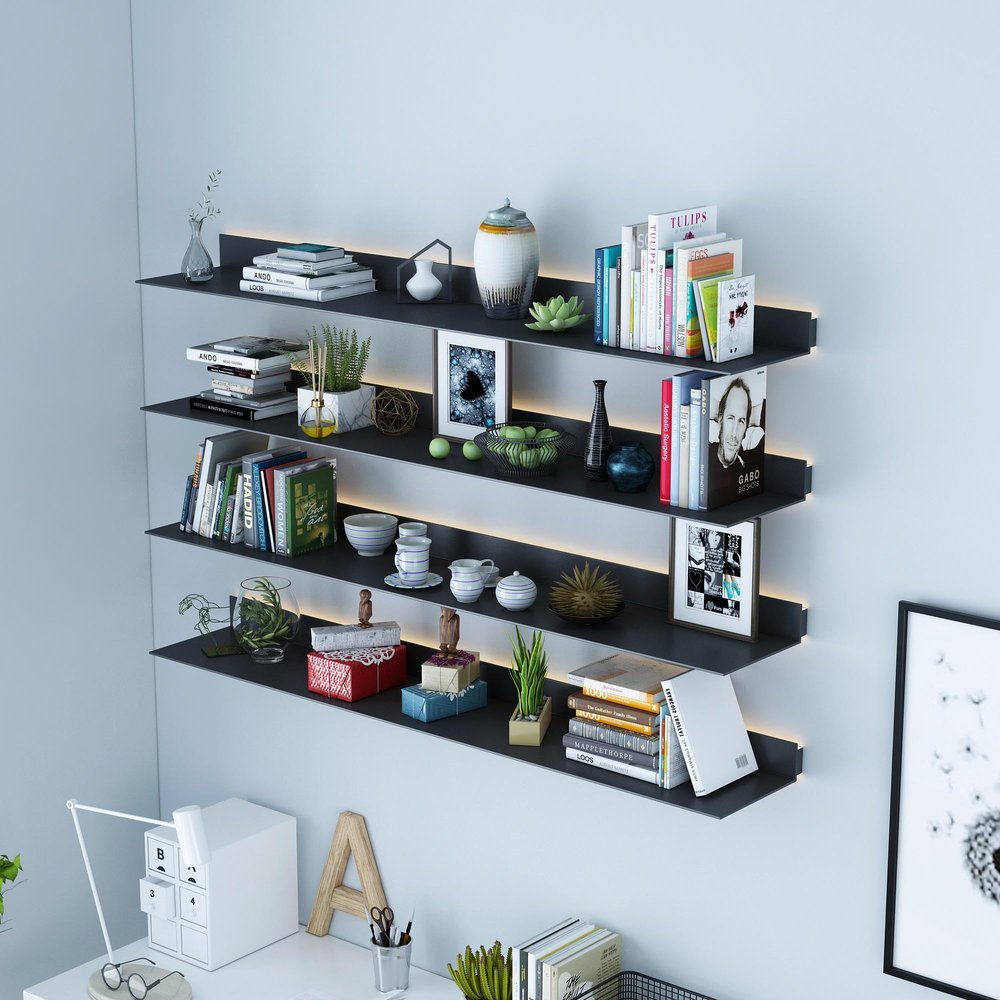 Metal Floating Book Shelves with Built-in Illuminated LED Light, Modern Wall Mount Lack Shelf, Floating Storage Home Decor Organizer,Lighting Shelf for Commercial Bar,Black,60cm