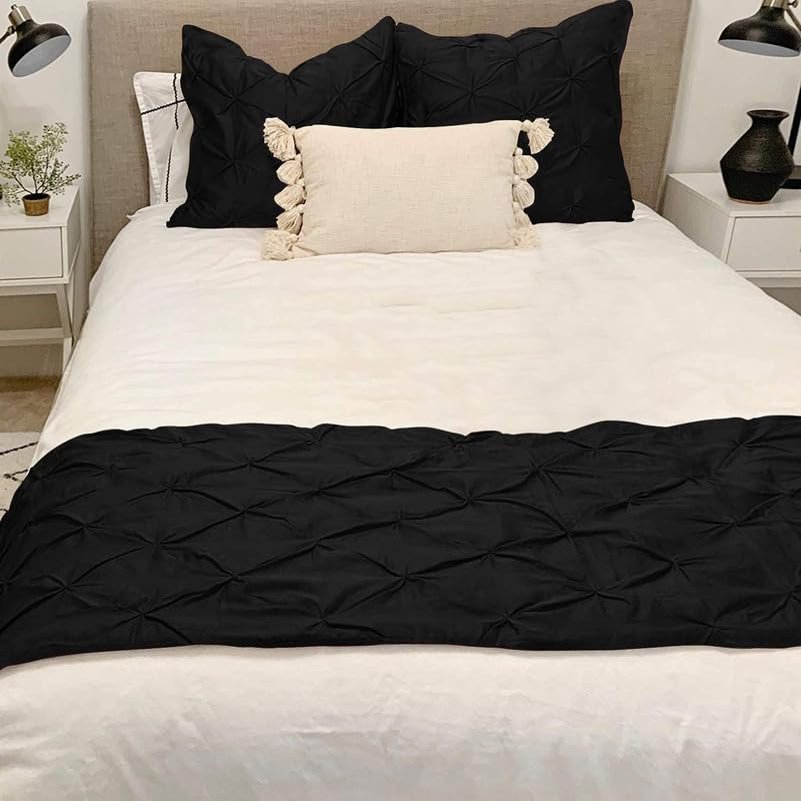 Drona Bedding Queen Pure Cotton Bed Runner 600 Thread Count Pinch Pleat Bed Runner Solid, 3 Piece Pinch Pleated Easy Care Bed Scarf, 2 Pillow Shams (26X26) and 1 Decorative Bed Scarves, Black