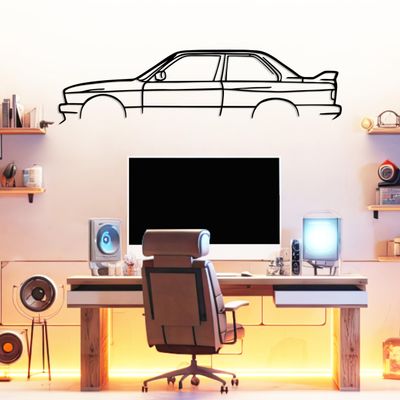 M3 E30 Model Silhouette Metal Car Wall Art, Sports Car, Automotive Silhouette Line Decoration, Minimalist Sculpture for Garage, Man Cave, Indoor Outdoor Wall Hanging, Gift for Boyfriend and Car Lover (Black - 30 x 8 / 76 x 20 cm)