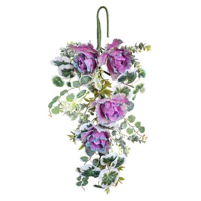 Mokylor 27.5in Artificial Sunflower Teardrop Floral Swag, Spring Summer Front Door Teardrop Wreath with Green Leaves, Fake Faux Teardrop Swags for Front Door Indoor Outdoor Window Decor(Purple)