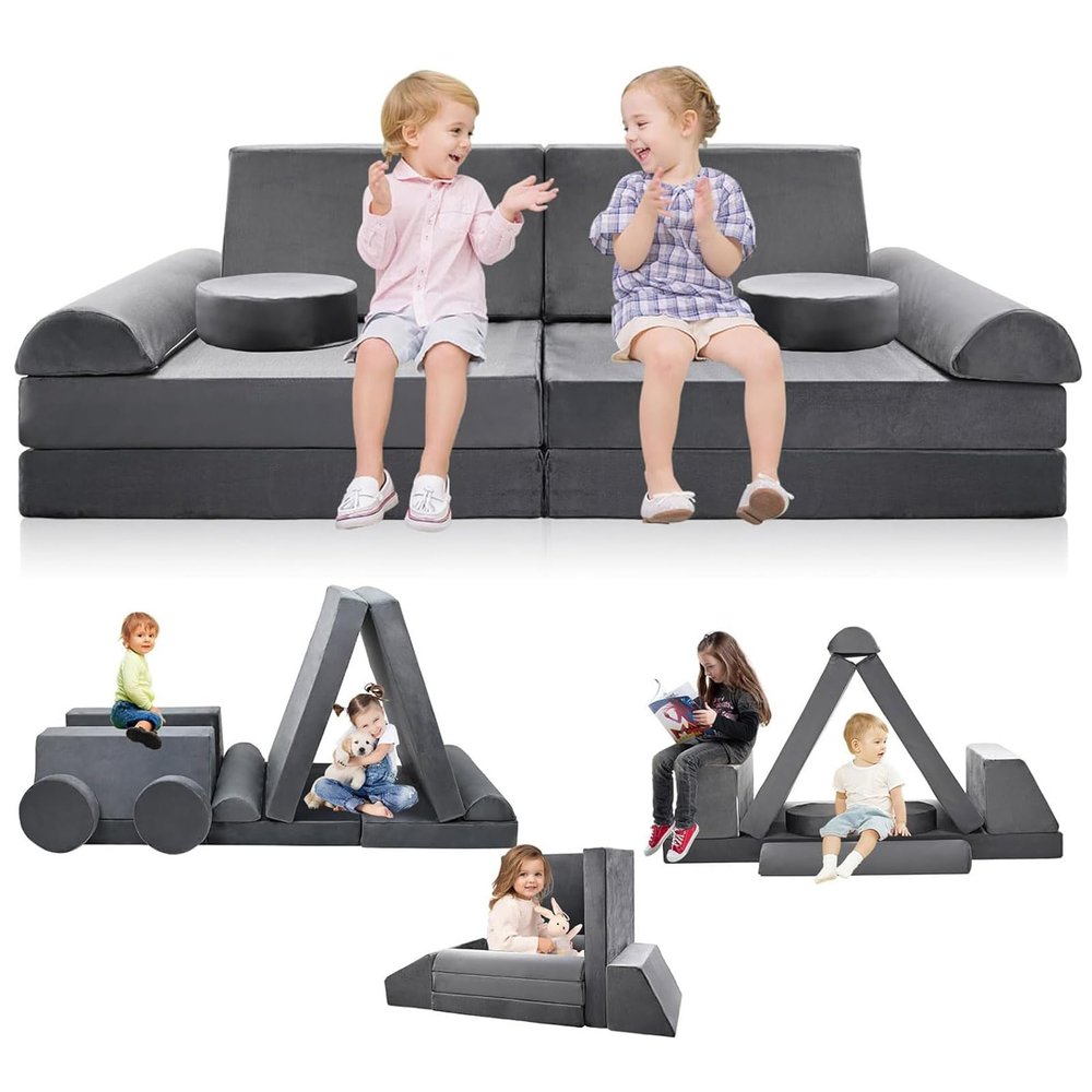 LILYPELLE Kids Couch Play Set, 10PCS Modular Kids Sofa Couch Fold Out Playhouse Set for Toddlers, Creative Foam Play Couchs Indoor