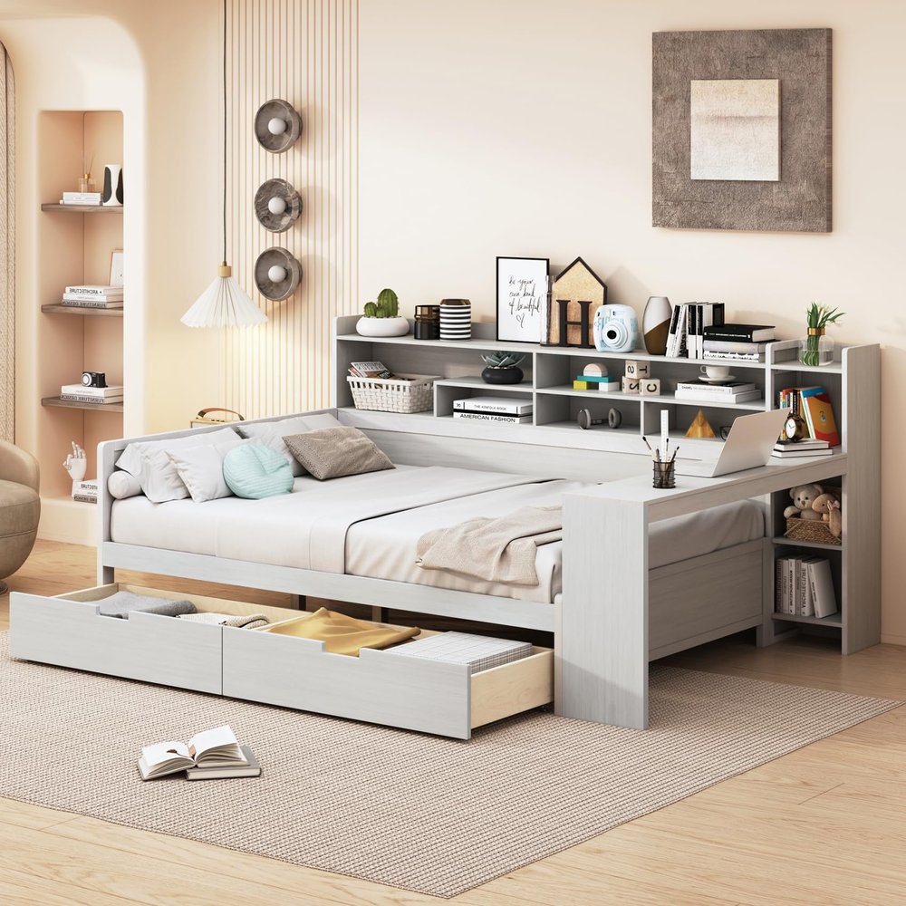 DaiNNCN Full Size Multi-Functional Daybed with Bookcase and Two Storage Drawers and Desk,Captains Bed for Bedroom Living/Guest Room/Apartment.Antique White