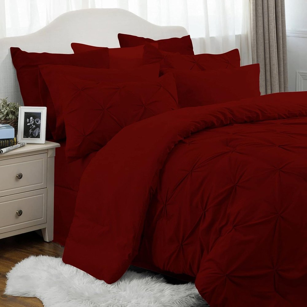 Burgundy RV-Short-Queen Comforter Set - 7 Piece Pinch Pleated Bed in a Bag - 600 Thread Count 100% Egyptian Cotton Bedding Set - (17 inch Deep Pocket Sheet Set and 500GSM Comforter) - 60"X75" Bed