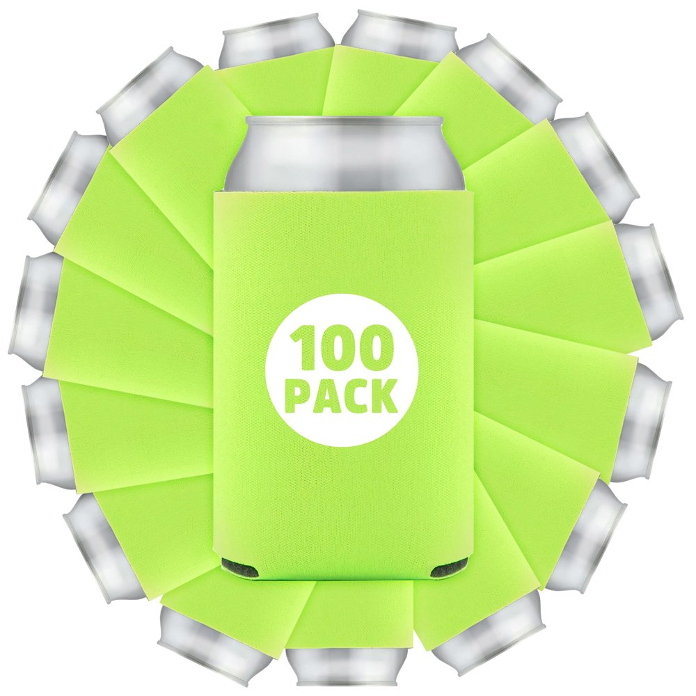 100 Pcs Bulk Quality Collapsible Can Coolers - Perfect For Sublimation Printing, HTV, Screen Printing or DIY Crafts (Neon Green)