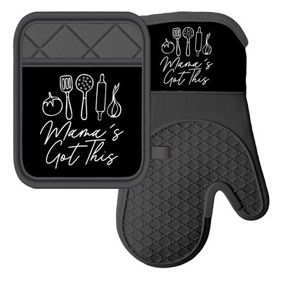 African American Expressions - Mama's Got This Mitt Set - Oven Mitt 7"x13"/Pot Holder 7"x9" Silicone Set, KM-13 Matching Apron Sold Separately