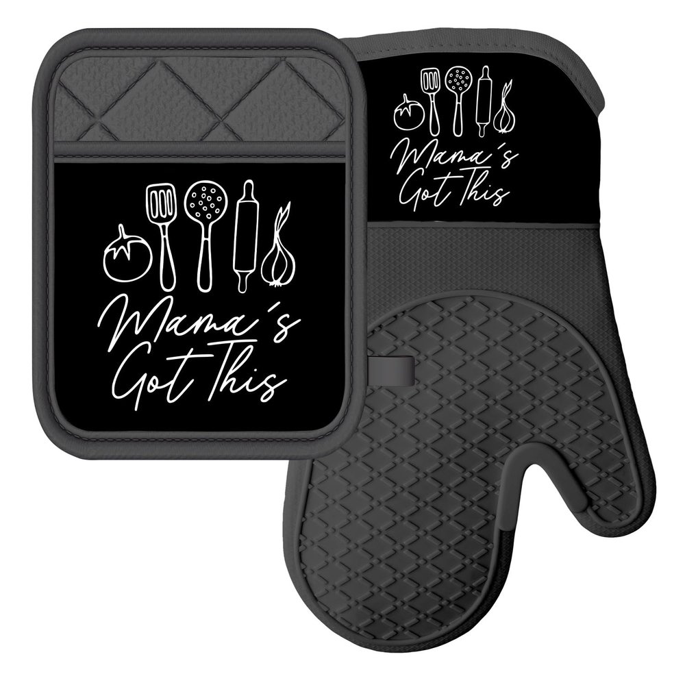 African American Expressions - Mama's Got This Mitt Set - Oven Mitt 7"x13"/Pot Holder 7"x9" Silicone Set, KM-13 Matching Apron Sold Separately