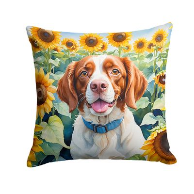 Caroline's Treasures in Sunflowers Throw Pillow, 14Hx14W, Brittany Spaniel 6040