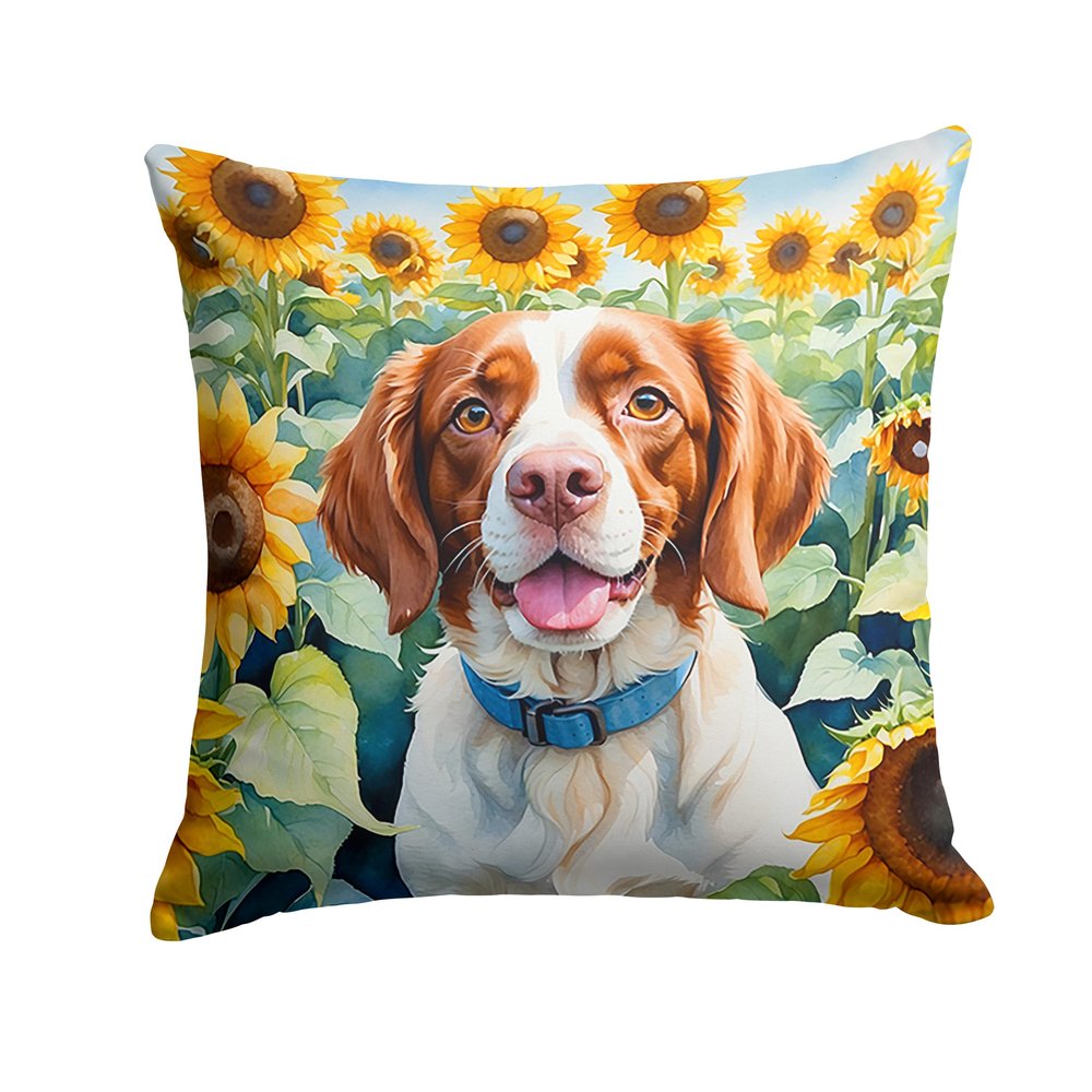 Caroline's Treasures in Sunflowers Throw Pillow, 14Hx14W, Brittany Spaniel 6040