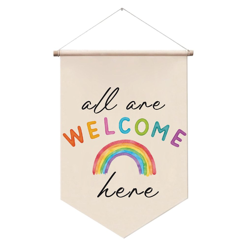 All Welcome Flag Wall Banner Kids Room Decor Canvas Hanging Pennant Wall Sign Banner Gift for Toddler Boys Girls Educational Flag for Nursery School Playroom Classroom Wall Decor