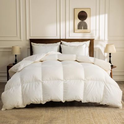 BPC Lightweight Organic Feather Down Comforter Oversized Queen, Hotel-Luxury Fluffy Duvet Insert with Cotton Cover and Puffy Feather Down Filling, for Summer/Hot Sleepers, Ivory White, 98x98 Inches