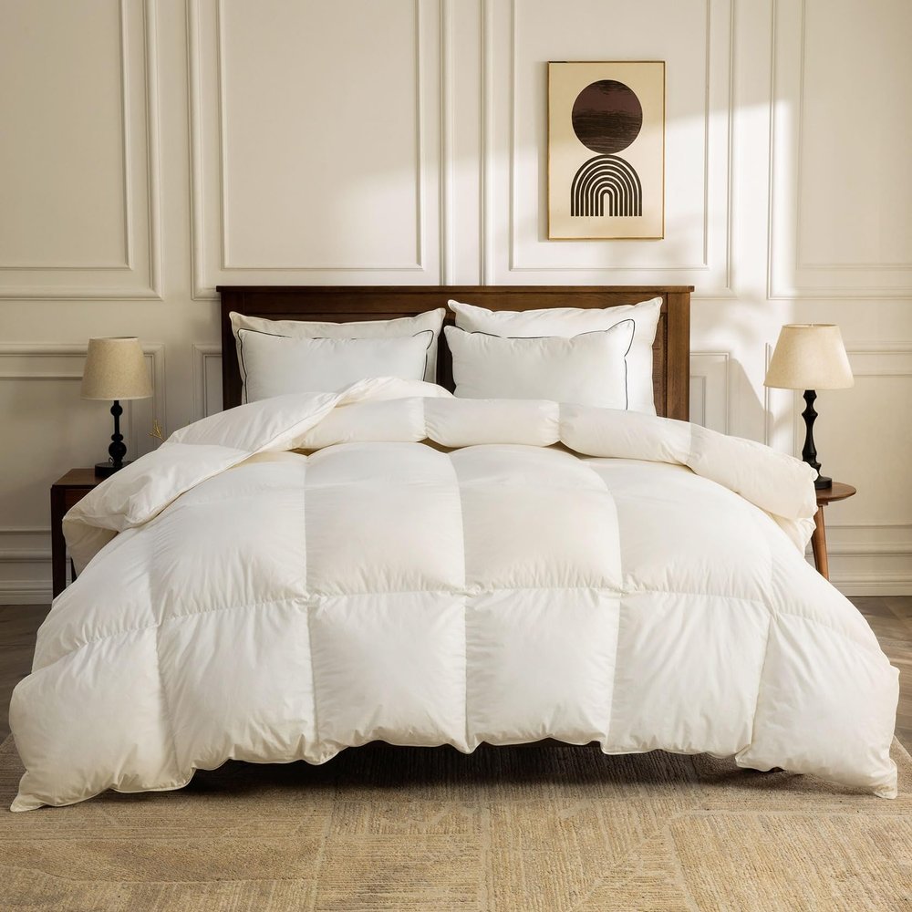 BPC Lightweight Organic Feather Down Comforter Oversized Queen, Hotel-Luxury Fluffy Duvet Insert with Cotton Cover and Puffy Feather Down Filling, for Summer/Hot Sleepers, Ivory White, 98x98 Inches