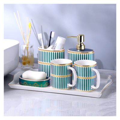 Fashion Ceramic Bathroom Accessories Set, 5 Piece Bath Accessory Complete Set Decor Includes Lotion Dispenser,Toothbrush Holder,2 Cup, Soap Dish (Color : Pink, Size : Without Tray) (Green with Tray)