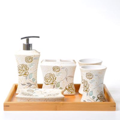 Fashion Ceramic Bathroom Accessories Set, Rose Hand-Painted Complete Bath Decor Kit Includes Lotion Dispenser,Toothbrush Holder,2 Cup,Soap Dish (Color : Without Tray) (with Tray)