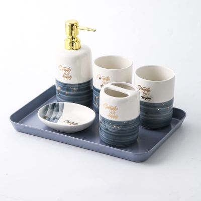 Stylish Ceramic Bathroom Accessories Set, 6-Piece Bath Countertop Accessory Decor Kit, Including Lotion Dispenser, Toothbrush Holders, 2 Tumbler Cups,Soap Dish,Tray (Color : Blue) (Blue)