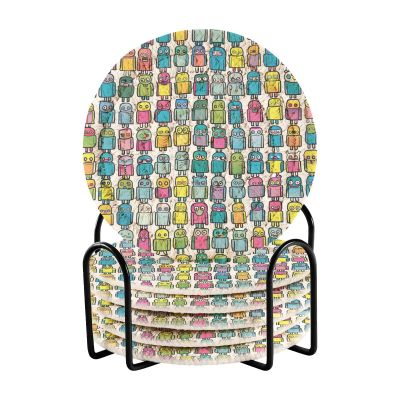 ALAZA Colorful Robots 6 Pcs Drink Coasters with Holder Absorbent Round Woven Coaster Set for Home Decor Bar Tabletop Cups