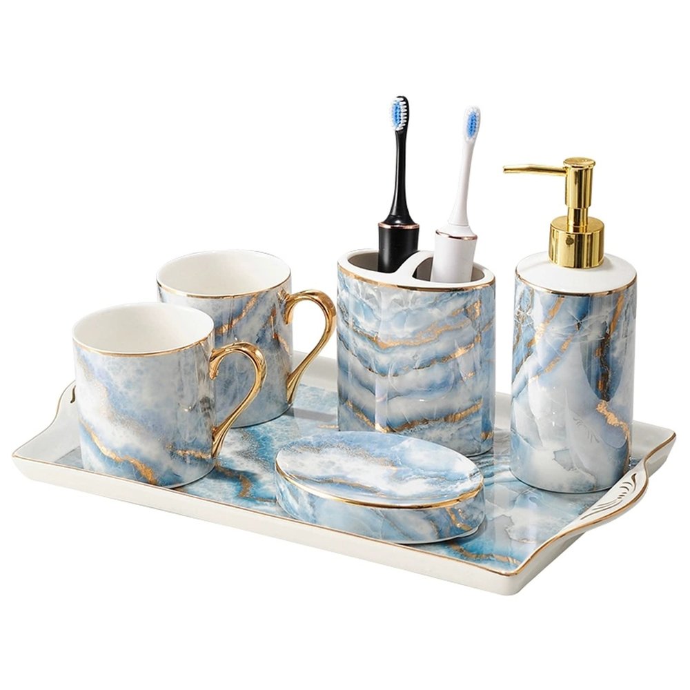 Fashion Ceramic Bathroom Accessories Set, 6 Piece Decorative Vanity Countertop Accessory Set with Lotion Dispenser,Toothbrush Holder,2 Cups, Soap Dish,Tray
