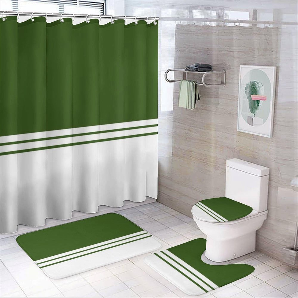 4pcs Shower Curtain Sets, Modern Chic Forest Green White Stripes Bathroom Sets with Shower Curtain, Bath Rug, U Shaped Contour Mat & Toilet Lid Cover
