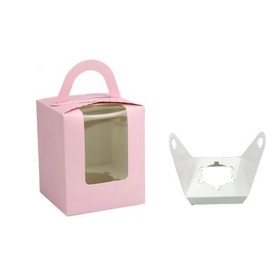 20 Pcs Cupcakes Containers Gift Boxes with Window Inserts Handle for Wedding Candy BoxesCupcake Boxes Individual Cupcake Holders Disposable White Single Cupcake Boxes with Window(Pink)