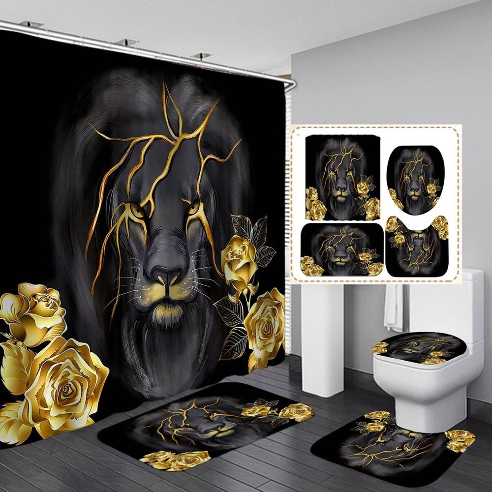jieprom 4 Piece Black and Gold Shower Curtain Set with Rugs, Majestic Lion and Rose Floral, Luxury Waterproof Fabric Bathroom Accessories with Non-Slip Bath Mat & Toilet Lid Cover, 72" x 72"