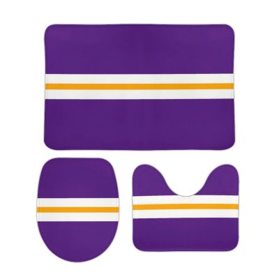 3 Pieces Bath Rug Set, Stylish Purple White Yellow Horizontal Stripes Bathroom Mat Set Non Slip & Absorbent Bath Carpet, U Shaped Contour Rug & Toilet Lid Cover