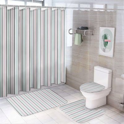 4pcs Shower Curtain Sets, Chic Girly Mint Pink Bathroom Sets with Shower Curtain, Bath Rug, U Shaped Contour Mat & Toilet Lid Cover