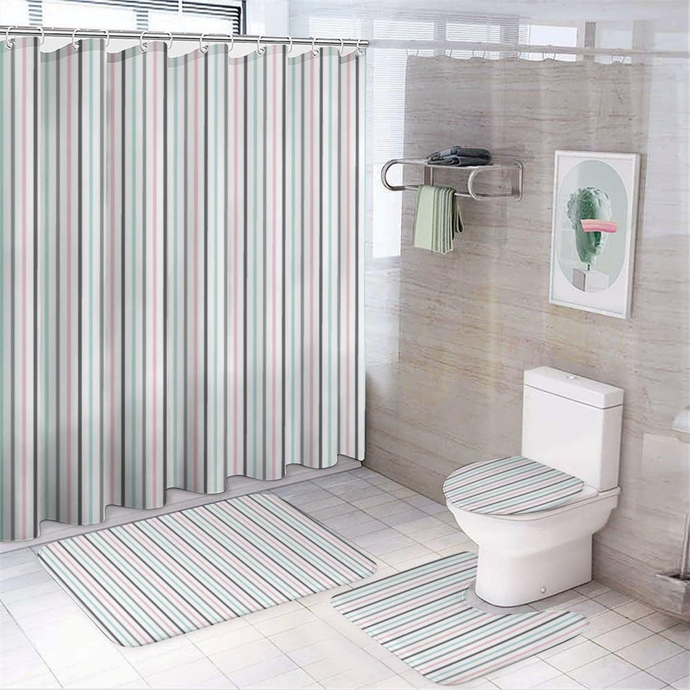 4pcs Shower Curtain Sets, Chic Girly Mint Pink Bathroom Sets with Shower Curtain, Bath Rug, U Shaped Contour Mat & Toilet Lid Cover