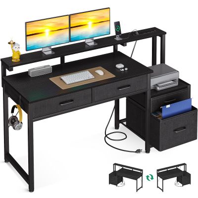 AODK Computer Desk with 4 Drawers, 48 Inch Office Desk with Printer Shelf & Built-in Power Outlet, Work Desk with Monitor Shelf for Home Small Spaces, Black