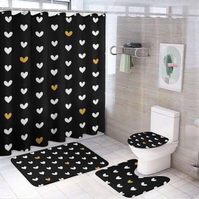 4pcs Shower Curtain Sets, Black White Gold Heart Pattern Bathroom Sets with Shower Curtain, Bath Rug, U Shaped Contour Mat & Toilet Lid Cover
