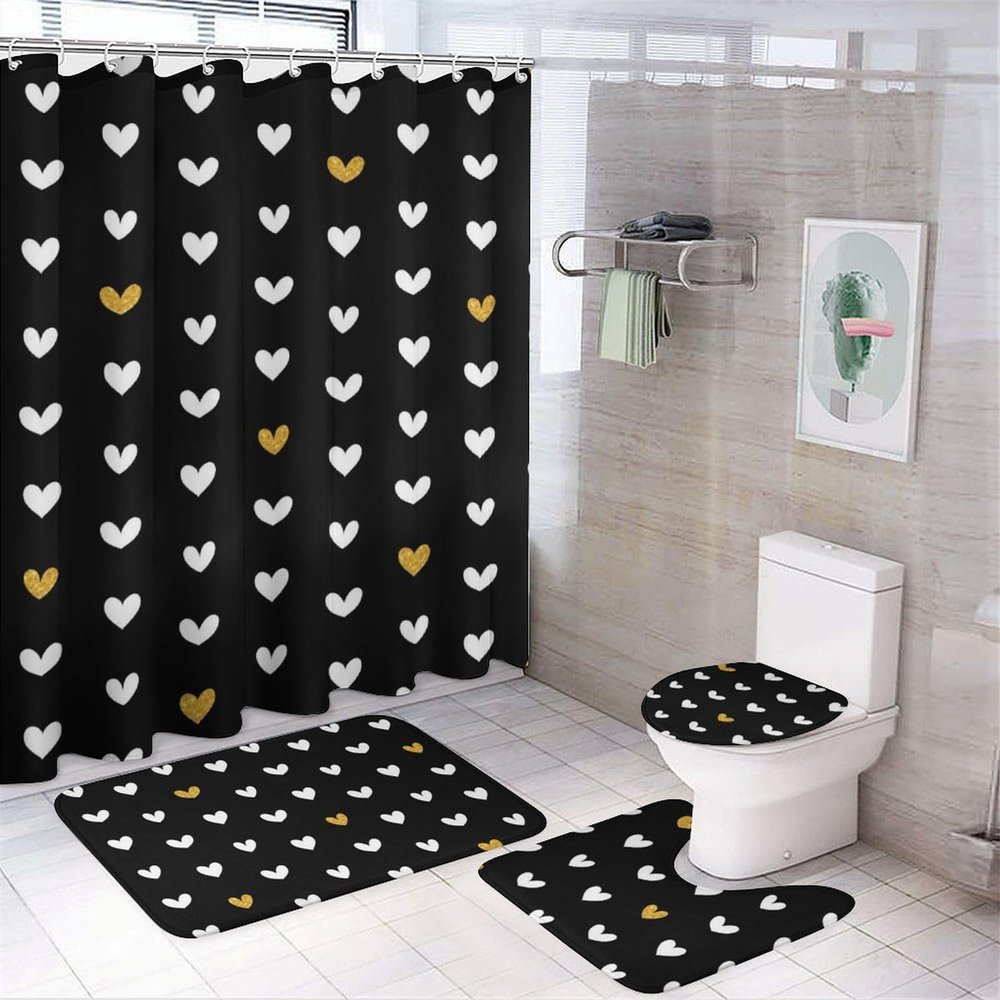 4pcs Shower Curtain Sets, Black White Gold Heart Pattern Bathroom Sets with Shower Curtain, Bath Rug, U Shaped Contour Mat & Toilet Lid Cover