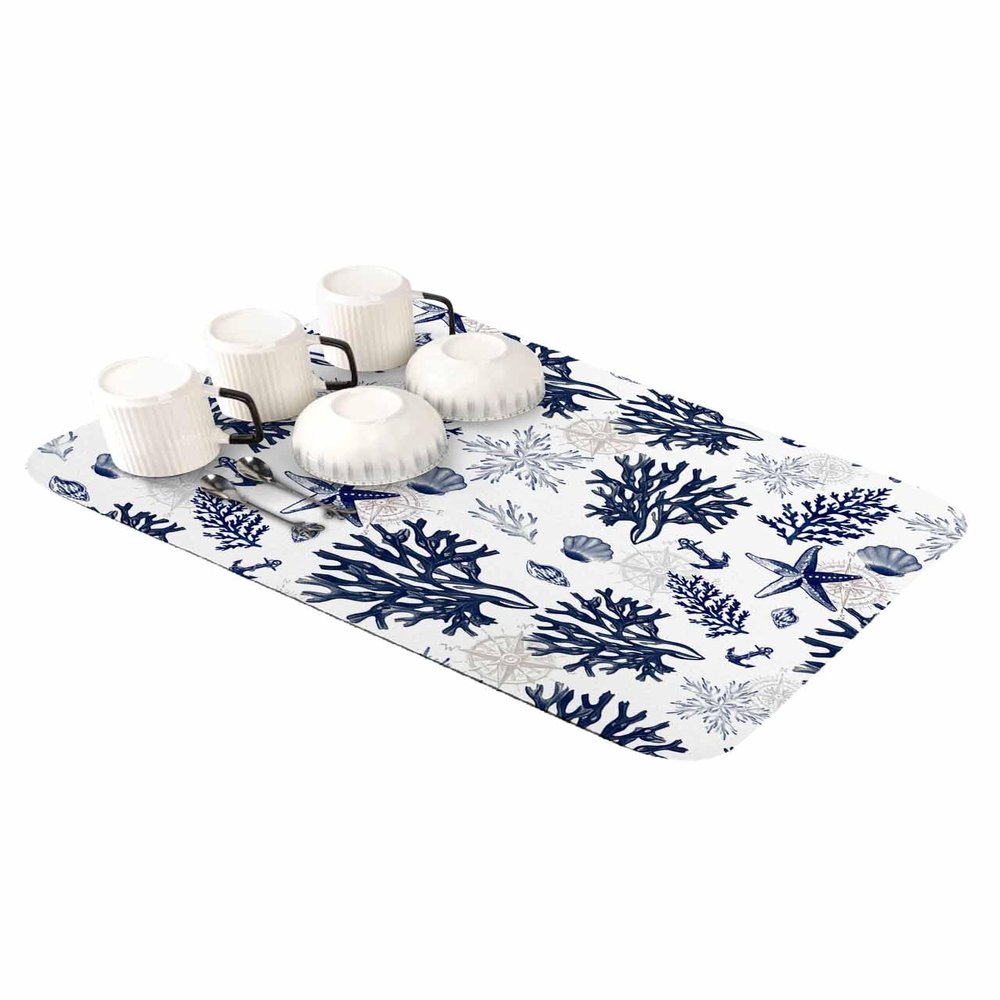 Navy Blue Corals Dish Drying Mat for Kitchen Counter, Super Absorbent Quick Dry Coffee Bar Mat Pad Thin Diatomaceous Sink Mat Non Slip Dish Drainer Mat 12''x16'' Nautical Boho Tropical Reef Coastal