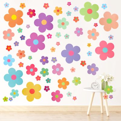 COMNICO 63pcs Cute Flowers Wall Sticker PVC Colorful Y2k Floral Wall Decor Vinyl Peel and Stick Flowers Stickers for Teen Girls Boy Kids Nursery Bedroom Kindergarten(9 Sheets, Bright Colors)